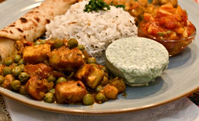 Indian Feast! Mutter Paneer, Coconut Basmati Rice, Veggie and Chickpea Curry, Home-made Chapati, Cilantro-Mint Sauce, and Tomato-Onion Chutney. 